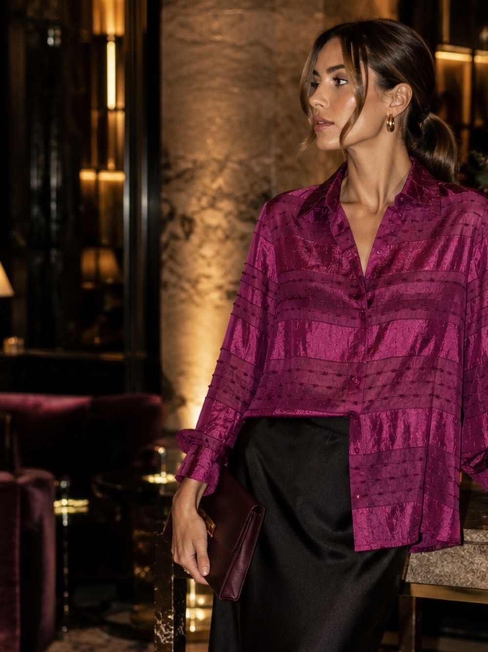 Alfred Dunner Fuchsia Metallic Embroidered Button Front Blouse Size 10 Y2K Luxe